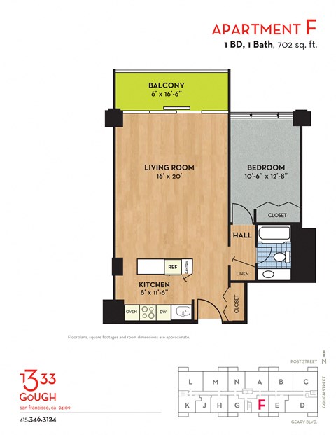 Floor plan for 1 bed, 1 bath, 702 sqft